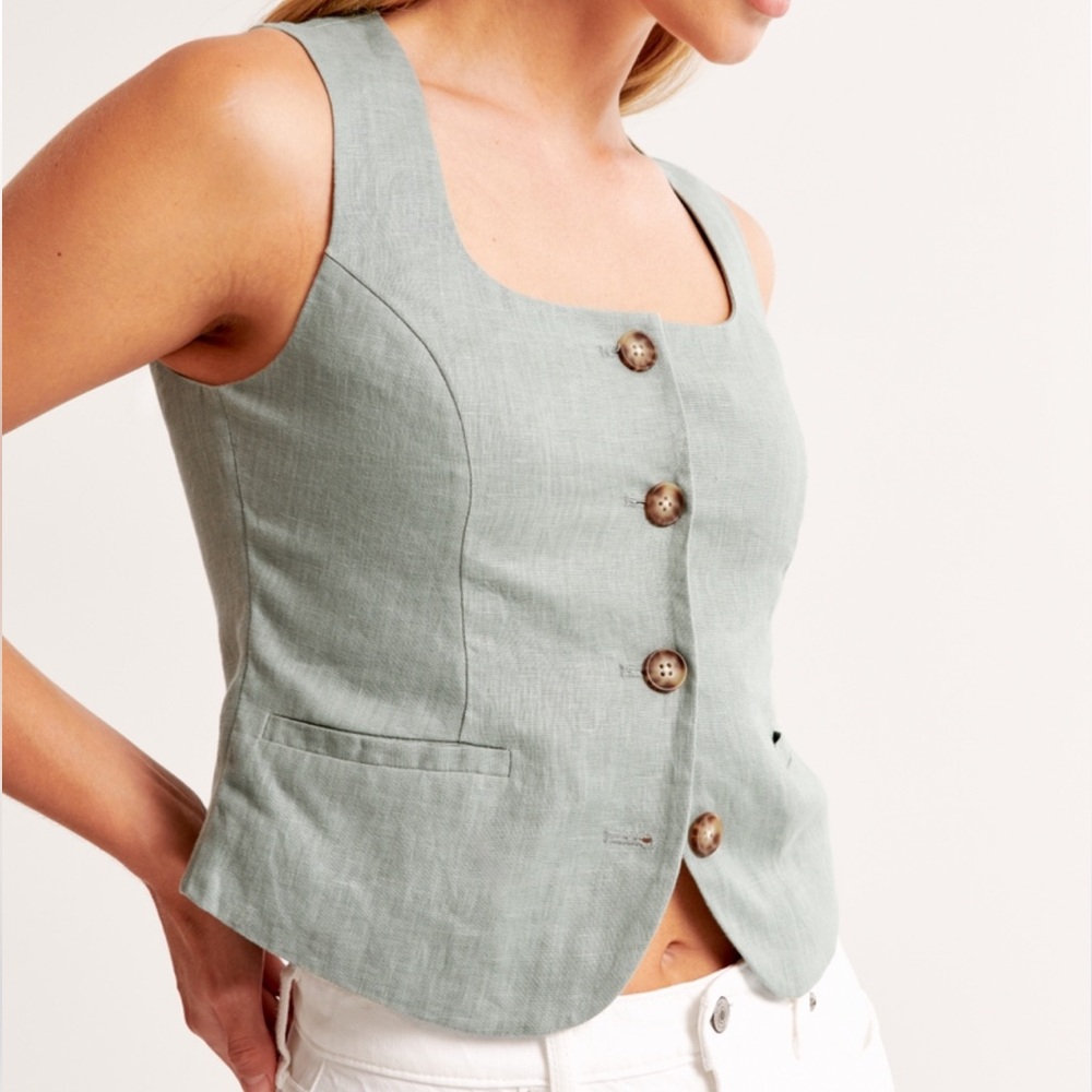 Abercrombie & Fitch Sage Green Linen Button Vest